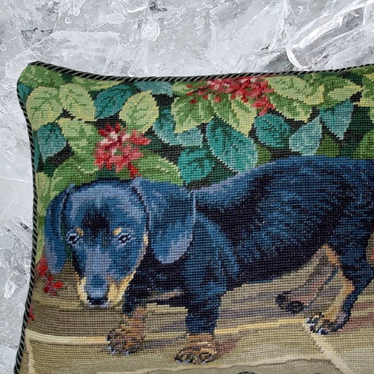 Handmade Wool Needlepoint Pillow Cover - Decorative Throw Cushion Cover - Vintage Floral Embroidery Design black dog green cording