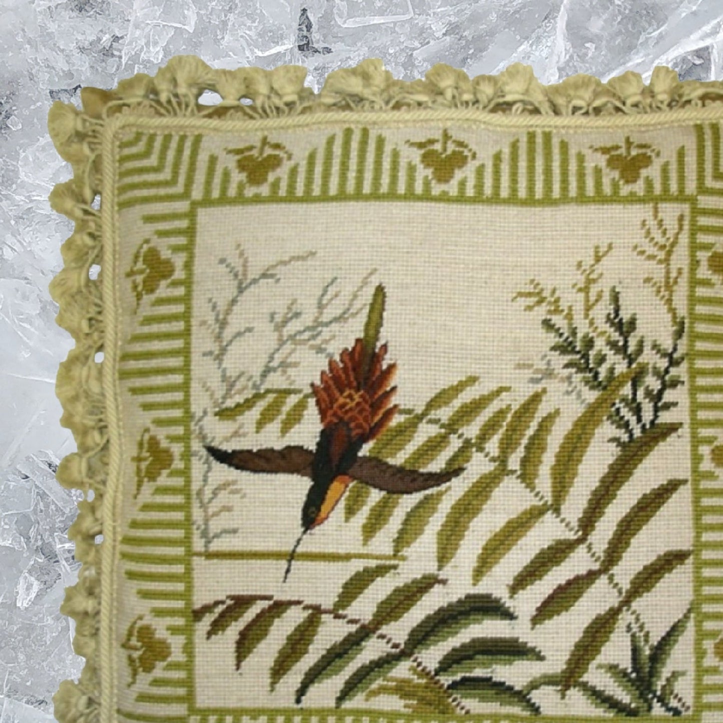 Handmade Wool Needlepoint Pillow Cover - Decorative Throw Cushion Cover - Vintage Floral Embroidery Design 1 bird & ferns)