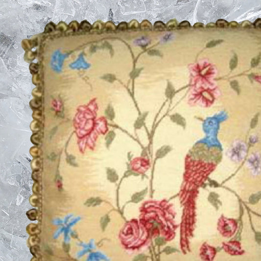 Handmade Wool Needlepoint Pillow Cover - Decorative Throw Cushion Cover - Vintage Floral Embroidery Design  red/blue phoenix & plum in blossom with 3 color tassels