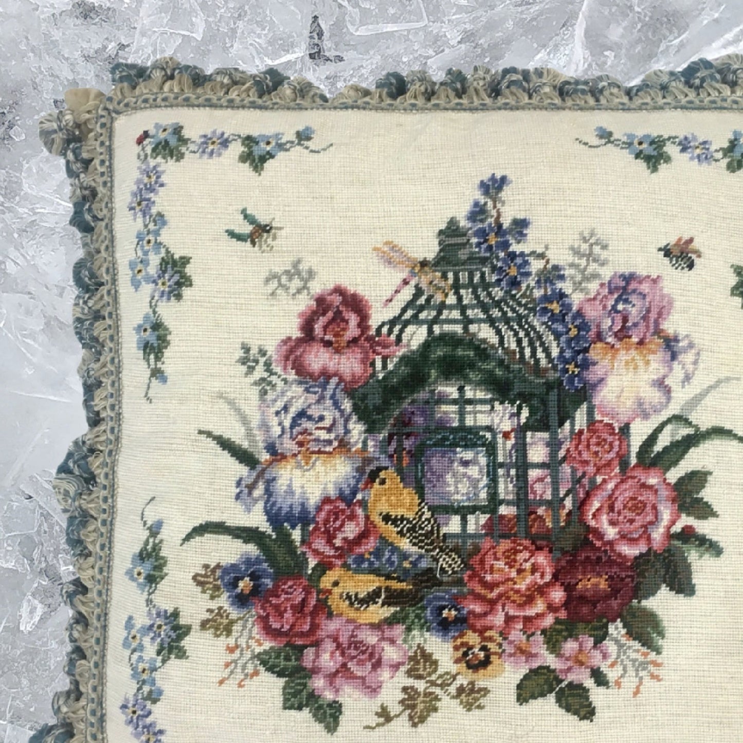 Handmade Wool Needlepoint Pillow Cover - Decorative Throw Cushion Cover - Vintage Floral Embroidery Design  yellow birds with tassel