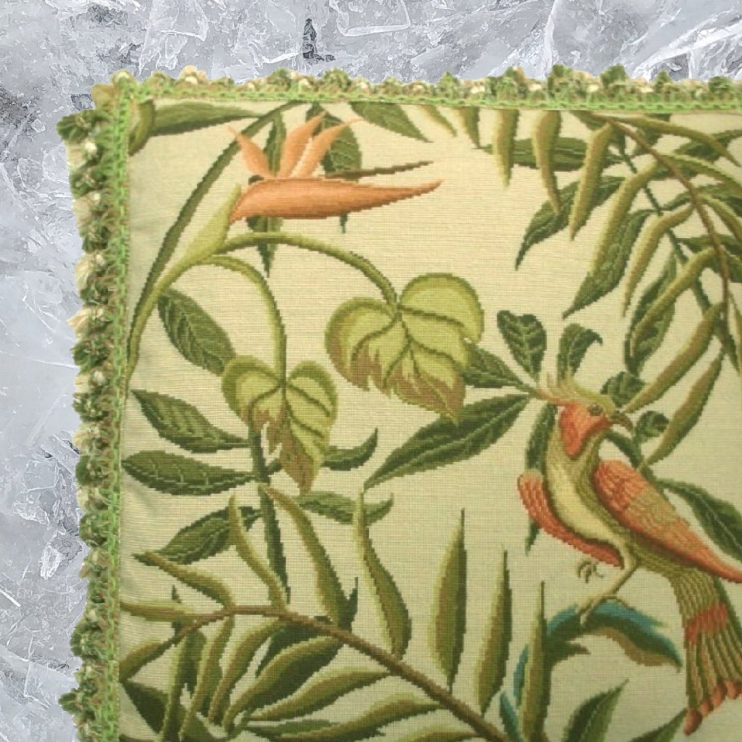 Handmade Wool Needlepoint Pillow Cover - Decorative Throw Cushion Cover - Vintage Floral Embroidery Design  birds of Paradise  with tassel