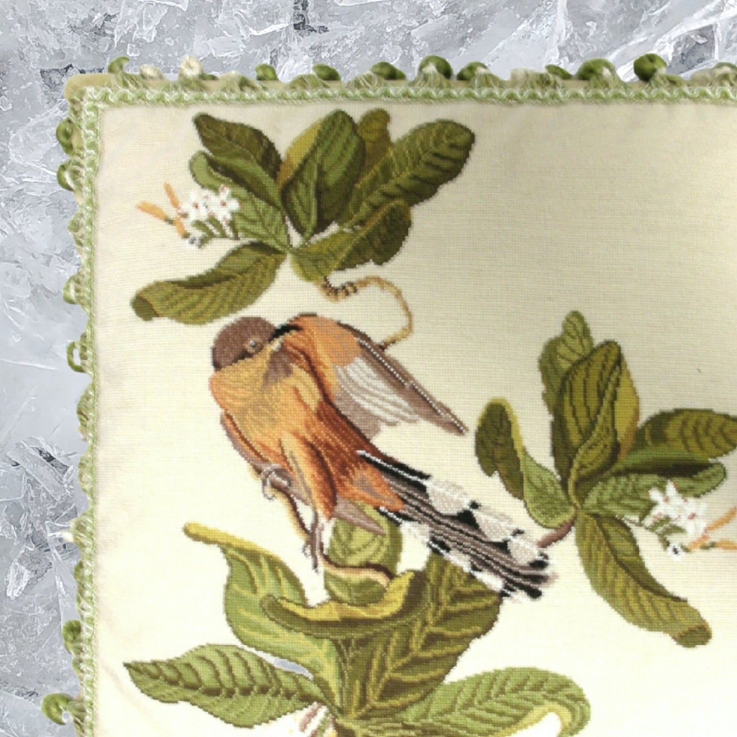 Handmade Wool Needlepoint Pillow Cover - Decorative Throw Cushion Cover - Vintage Floral Embroidery Design  bird & dogwood with 2 color tassel