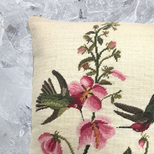Handmade Wool Needlepoint Pillow Cover - Decorative Throw Cushion Cover - Vintage Floral Embroidery Design 2 humming birds pink flowers