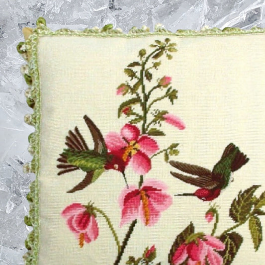 Handmade Wool Needlepoint Pillow Cover - Decorative Throw Cushion Cover - Vintage Floral Embroidery Design 2 humming birds pink flowers with 3 color tassels