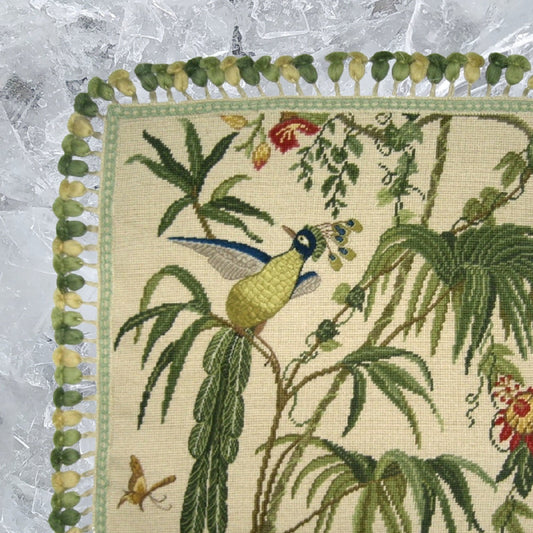 Handmade Wool Needlepoint Pillow Cover - Decorative Throw Cushion Cover - Vintage Floral Embroidery Design  blue phoenix with tassel