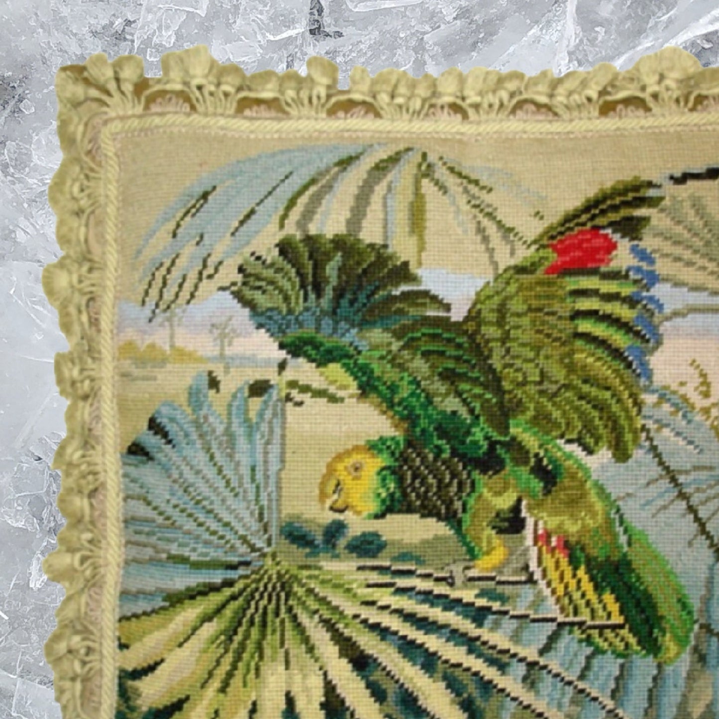Handmade Wool Needlepoint Pillow Cover - Decorative Throw Cushion Cover - Vintage Floral Embroidery Design one parrot