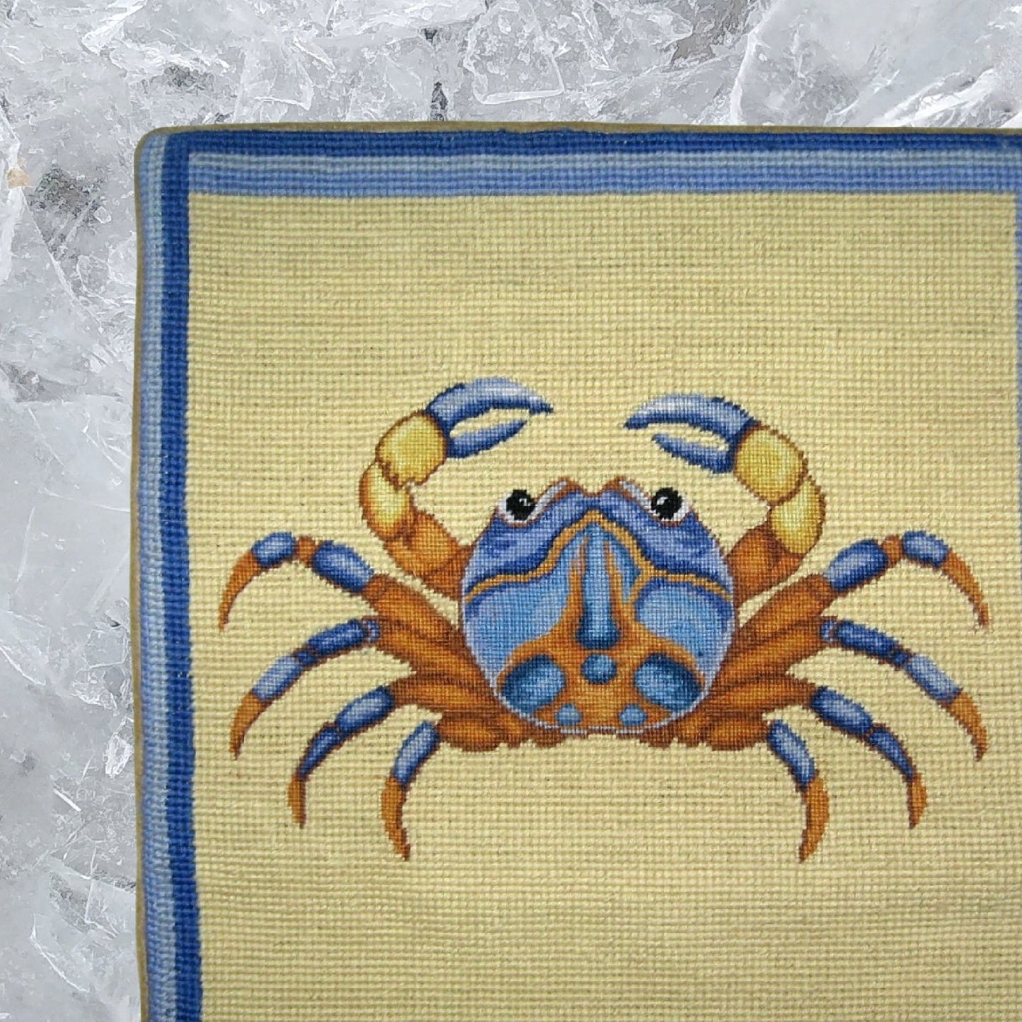 Handmade Wool Needlepoint Pillow Cover - Decorative Throw Cushion Cover - Vintage Floral Embroidery Design blue crab