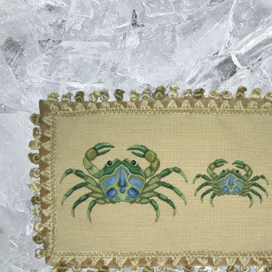 Handmade Wool Needlepoint Pillow Cover - Decorative Throw Cushion Cover - Vintage Floral Embroidery Design 3 green crabs with tassel