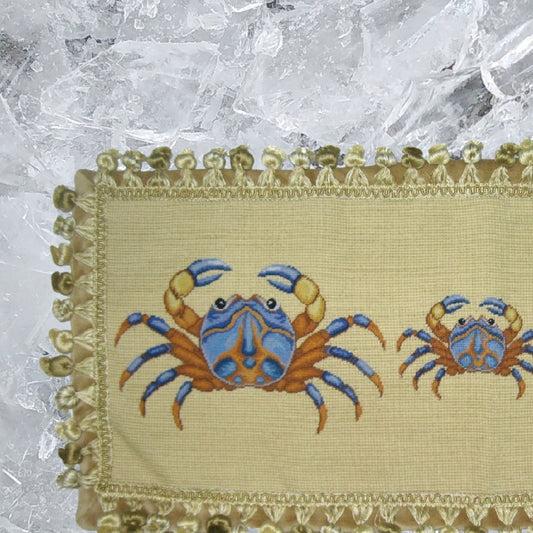 Handmade Wool Needlepoint Pillow Cover - Decorative Throw Cushion Cover - Vintage Floral Embroidery Design 3 blue crabs with tassels