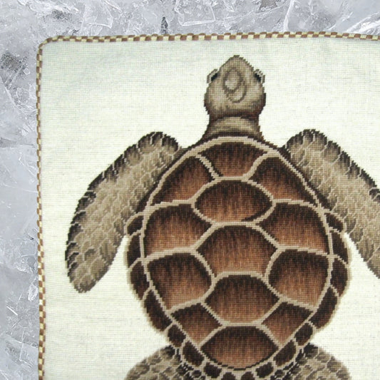 Handmade Wool Needlepoint Pillow Cover - Decorative Throw Cushion Cover - Vintage Floral Embroidery Design brown turtle with cording