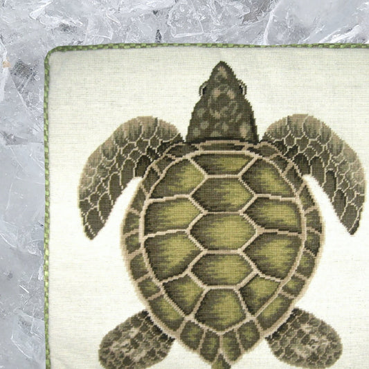 Handmade Wool Needlepoint Pillow Cover - Decorative Throw Cushion Cover - Vintage Floral Embroidery Design green turtle with cording