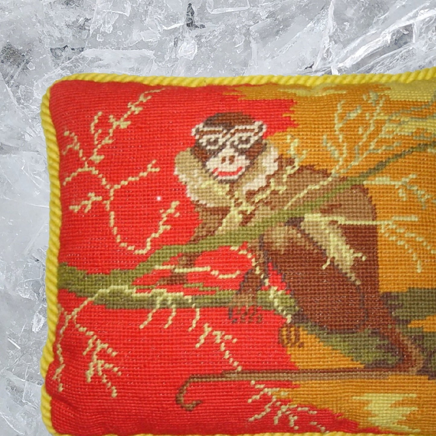 Handmade Wool Needlepoint Pillow Cover - Decorative Throw Cushion Cover - Vintage Floral Embroidery Design Patas on the tree bright background with gold cording