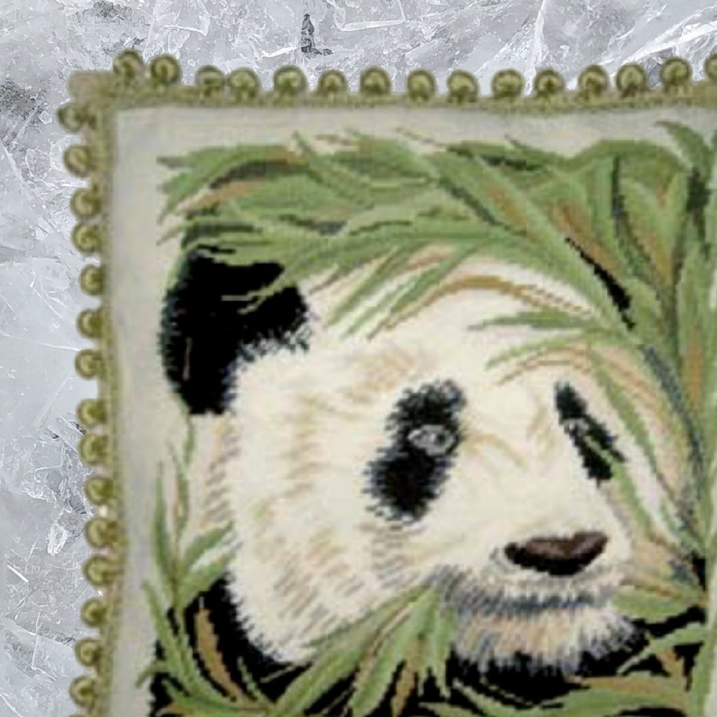 Handmade Wool Needlepoint Pillow Cover - Decorative Throw Cushion Cover - Vintage Floral Embroidery Design panda with banboom 2 color tassels
