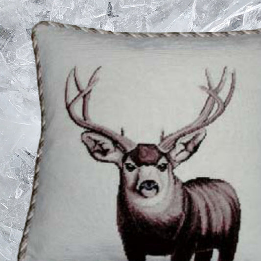 Handmade Wool Needlepoint Pillow Cover - Decorative Throw Cushion Cover - Vintage Floral Embroidery Design  Moose with 3 color cording