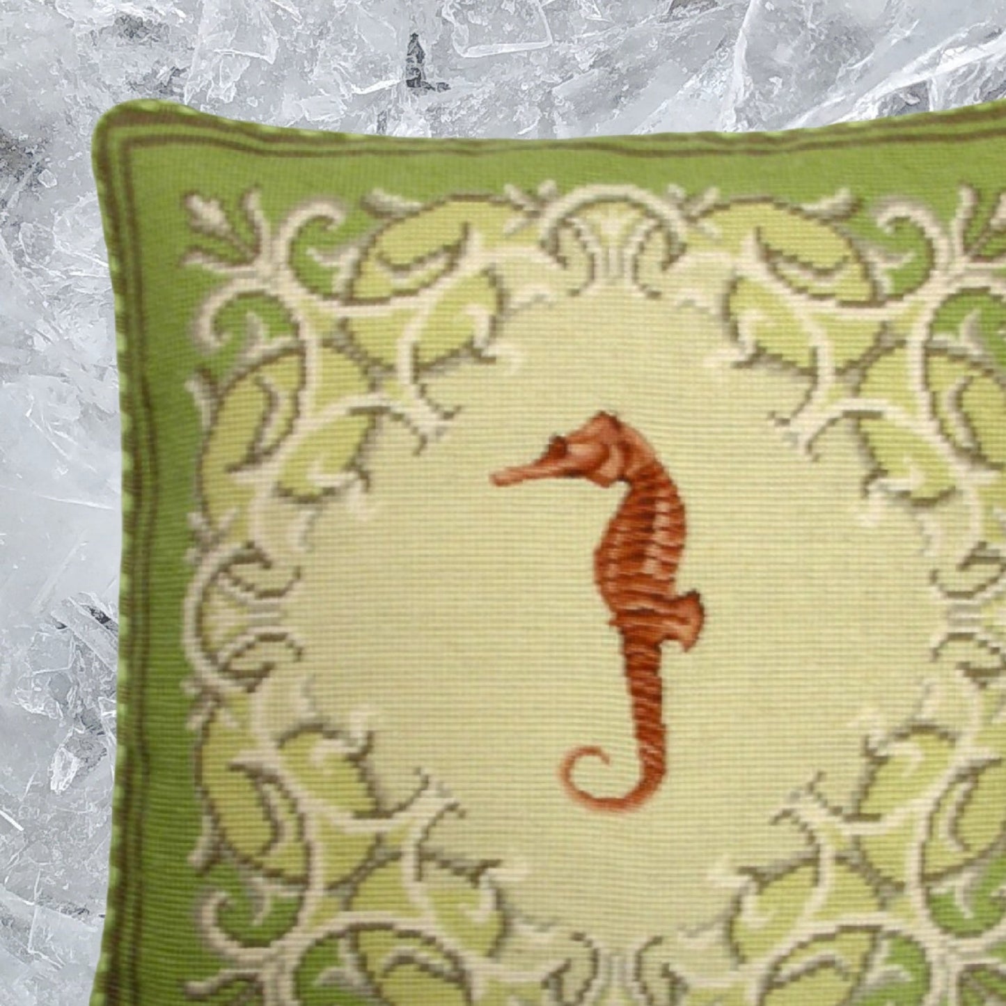 Handmade Wool Needlepoint Pillow Cover - Decorative Throw Cushion Cover - Vintage Floral Embroidery Design seahorse with checker cording