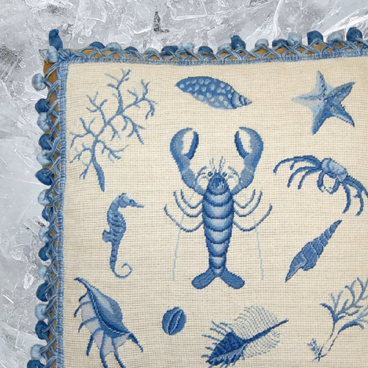 Handmade Wool Needlepoint Pillow Cover - Decorative Throw Cushion Cover - Vintage Floral Embroidery Design Fienst  blue robster with tassels