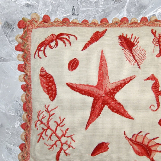 Handmade Wool Needlepoint Pillow Cover - Decorative Throw Cushion Cover - Vintage Floral Embroidery Design red sea-star with tassels