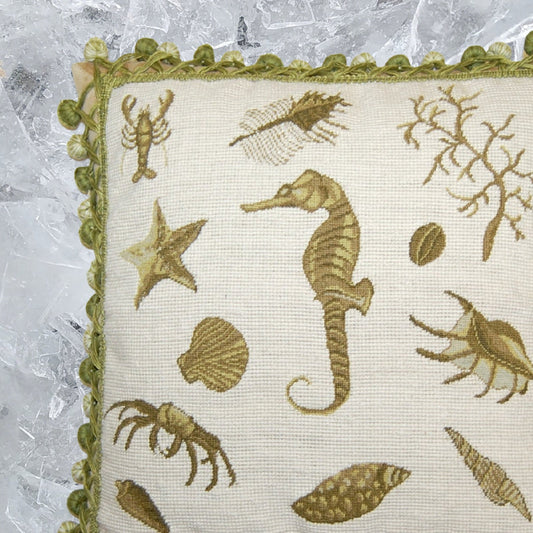 Handmade Wool Needlepoint Pillow Cover - Decorative Throw Cushion Cover - Vintage Floral Embroidery Design green sea-horse with tassels