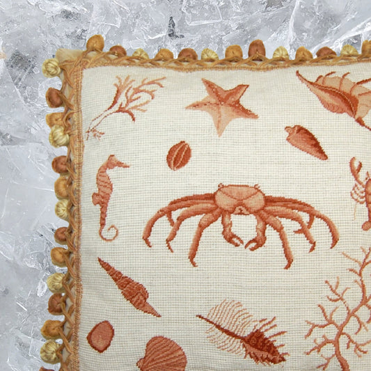 Handmade Wool Needlepoint Pillow Cover - Decorative Throw Cushion Cover - Vintage Floral Embroidery Design Fienst  brown crab with tassels