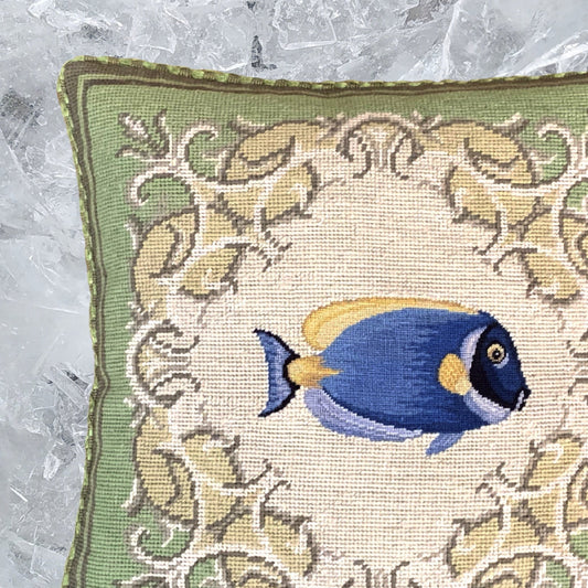 Handmade Wool Needlepoint Pillow Cover - Decorative Throw Cushion Cover - Vintage Floral Embroidery DesignFienst  tropical fish - Surgeonfish with green frame checker cording