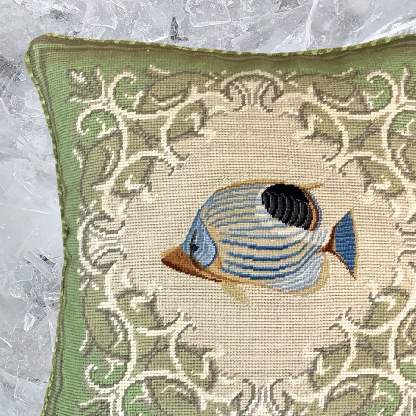 Handmade Wool Needlepoint Pillow Cover - Decorative Throw Cushion Cover - Vintage Floral Embroidery Designtropical fish-foureye butterflyfish green frame checker cording
