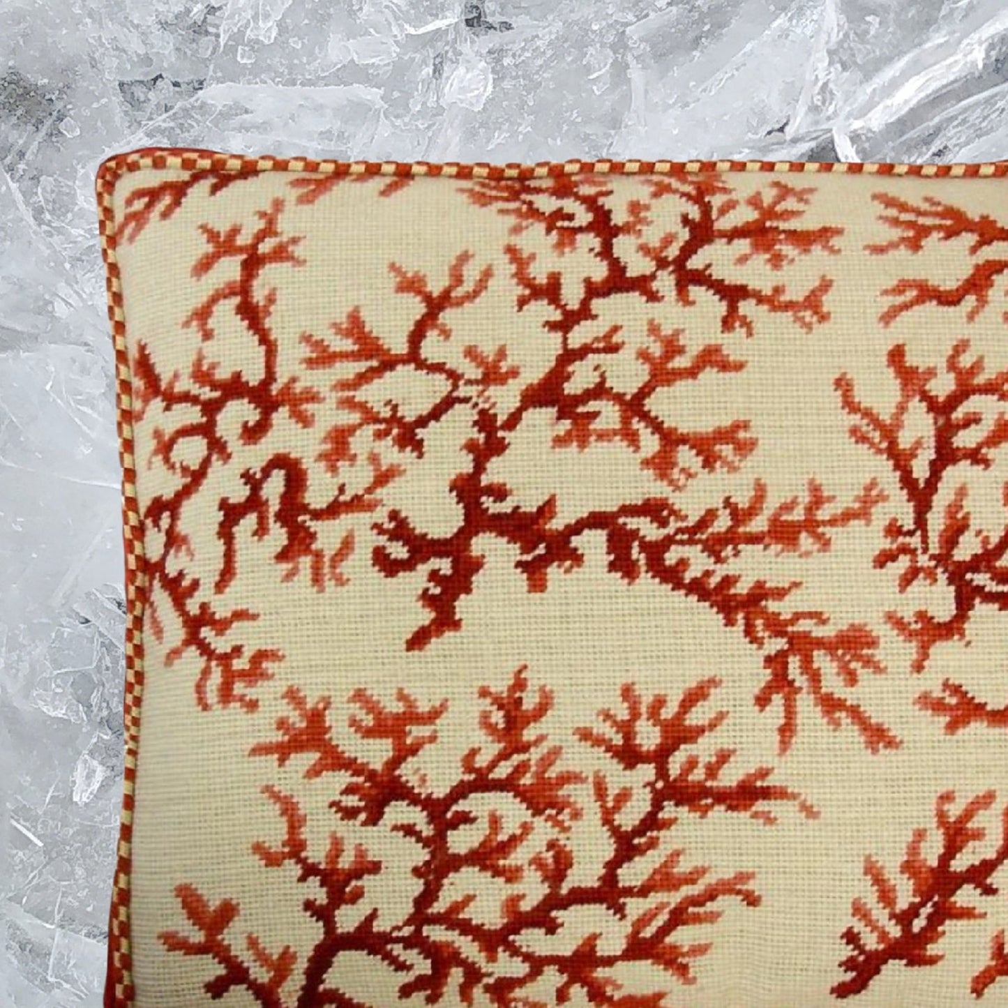 Handmade Wool Needlepoint Pillow Cover - Decorative Throw Cushion Cover - Vintage Floral Embroidery Design red coral ivory back with 2 color cording