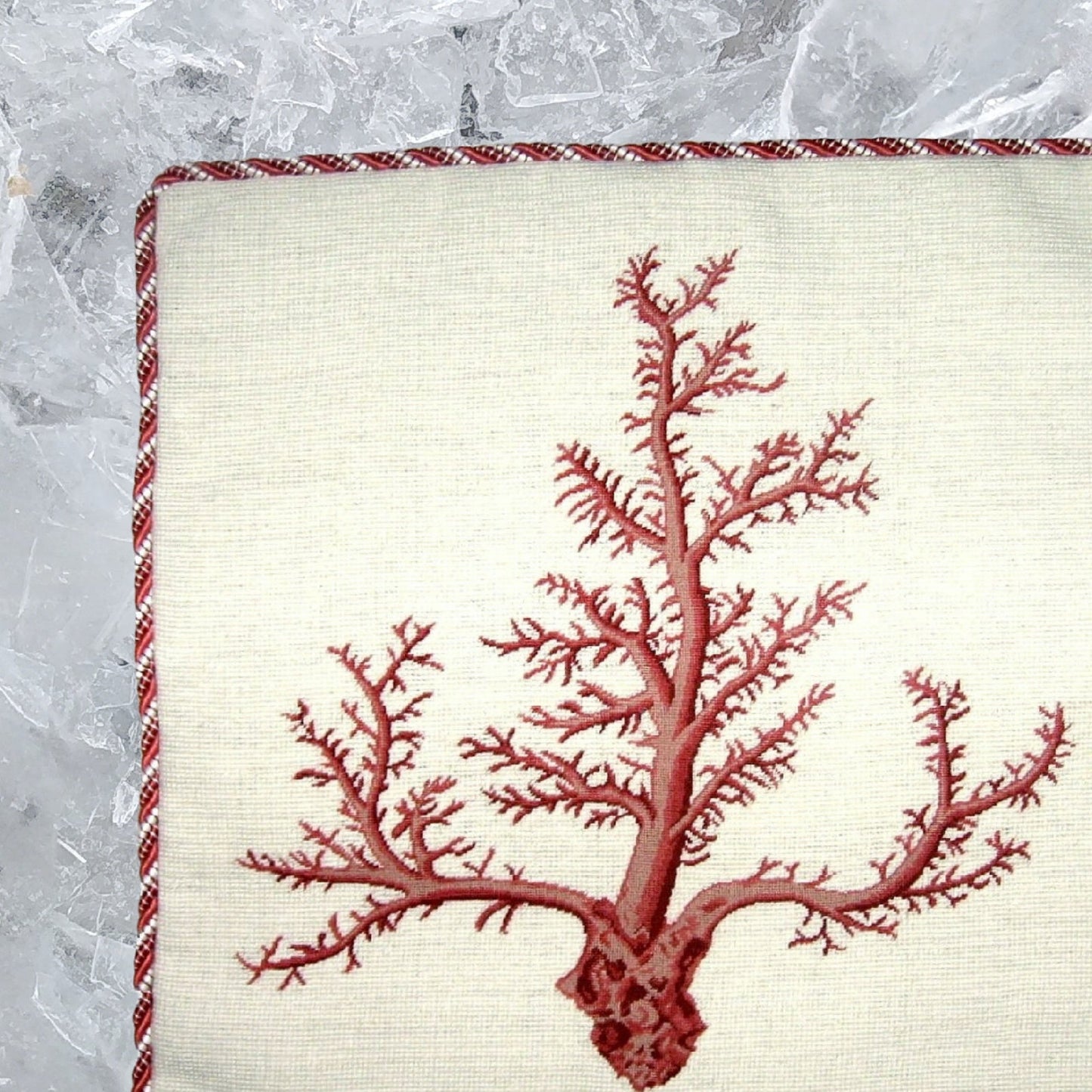 Handmade Wool Needlepoint Pillow Cover - Decorative Throw Cushion Cover - Vintage Floral Embroidery Design red large coral with cording