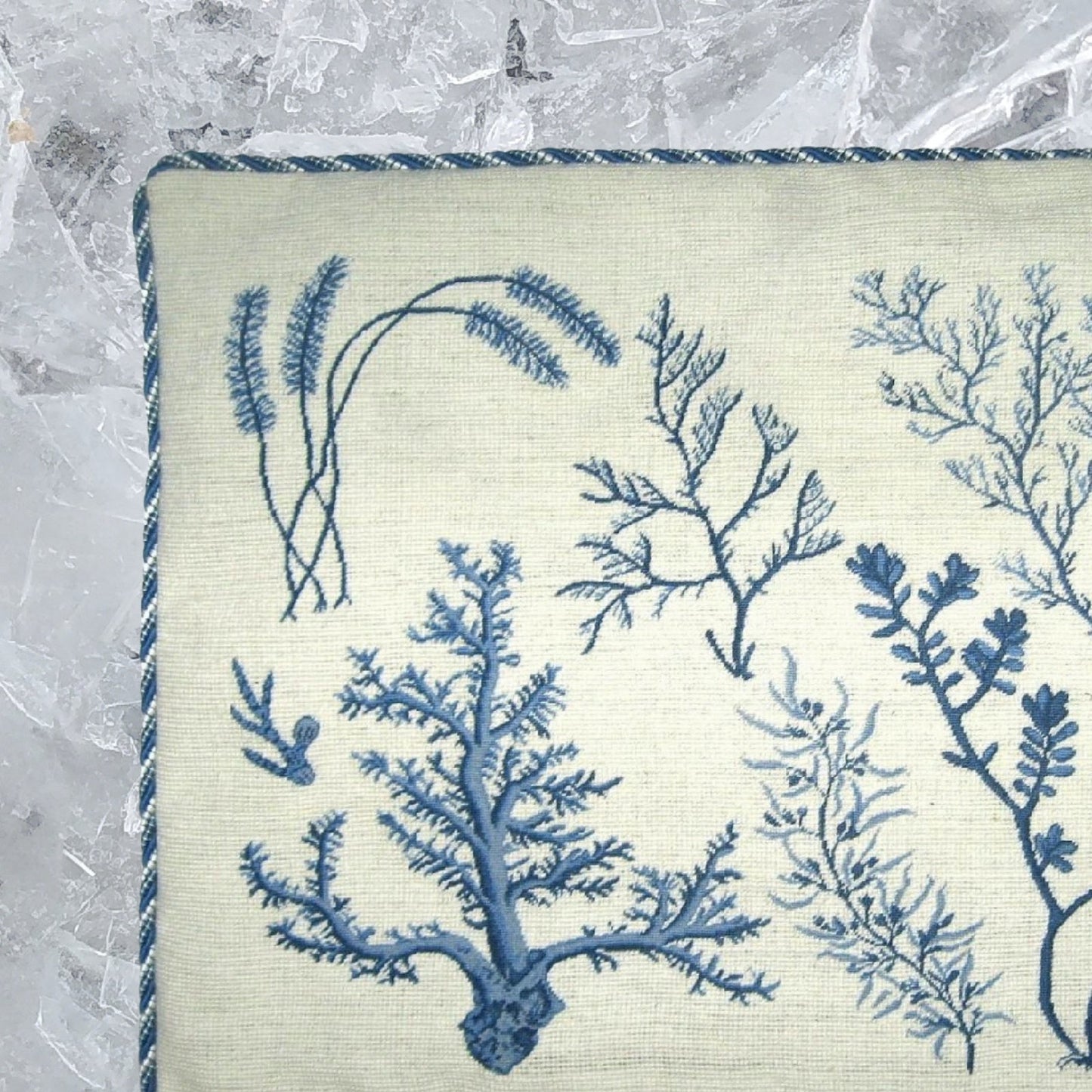 Handmade Wool Needlepoint Pillow Cover - Decorative Throw Cushion Cover - Vintage Floral Embroidery Design blue group seaweeds with coral left bottom with cording