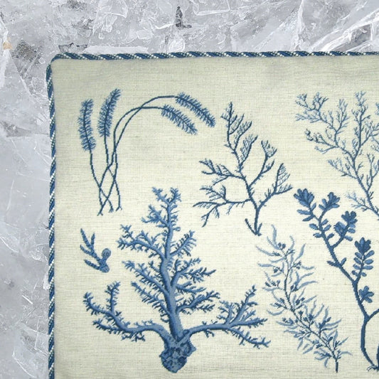 Handmade Wool Needlepoint Pillow Cover - Decorative Throw Cushion Cover - Vintage Floral Embroidery Design blue group seaweeds with coral left bottom with cording