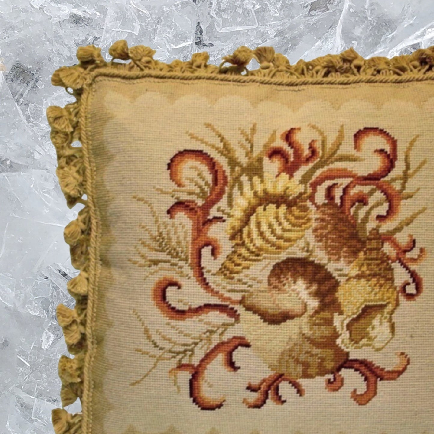 Handmade Wool Needlepoint Pillow Cover - Decorative Throw Cushion Cover - Vintage Floral Embroidery Design All shell with dark bage tassels