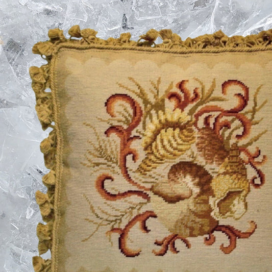 Handmade Wool Needlepoint Pillow Cover - Decorative Throw Cushion Cover - Vintage Floral Embroidery Design All shell with dark bage tassels