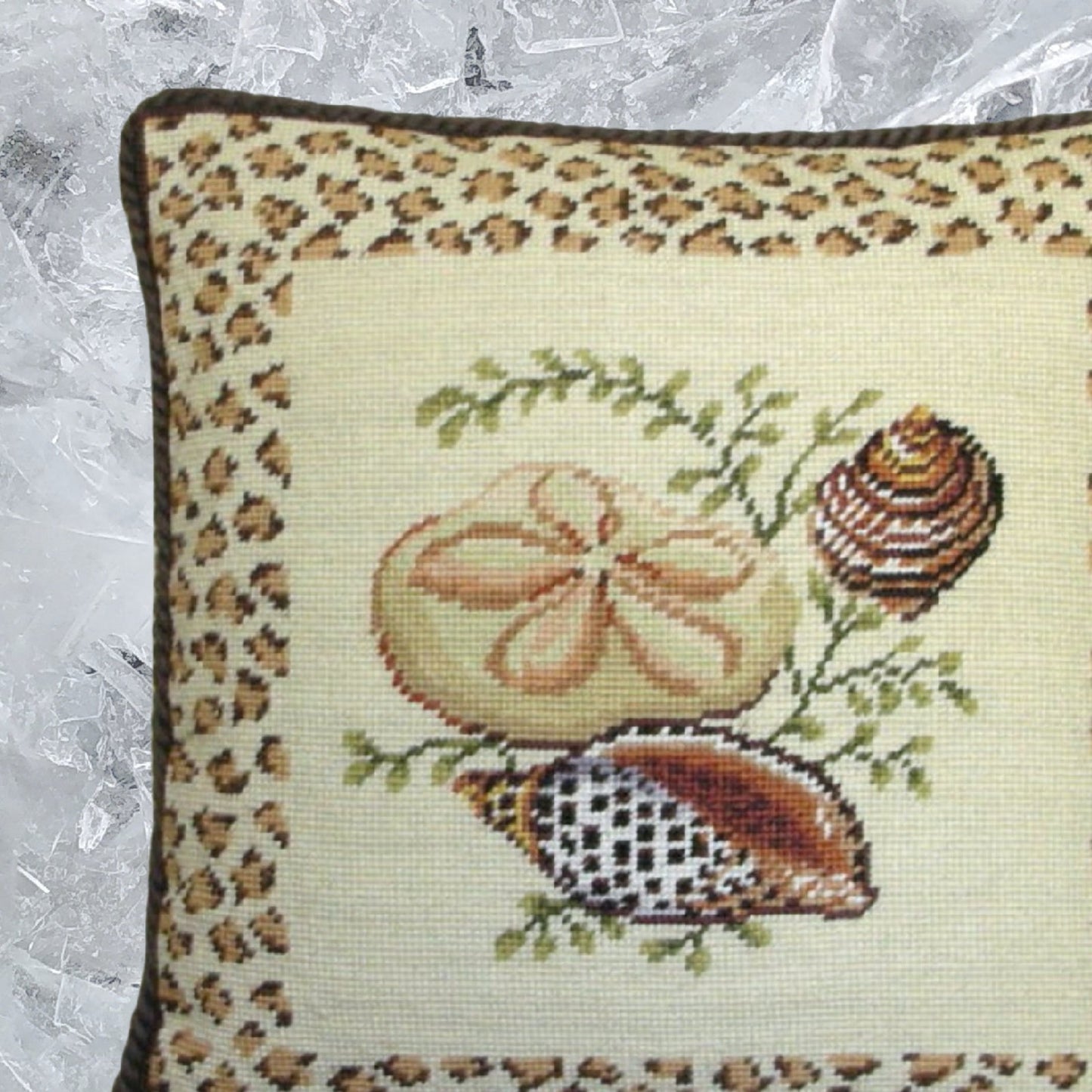 Handmade Wool Needlepoint Pillow Cover - Decorative Throw Cushion Cover - Vintage Floral Embroidery Design light & flat sea shell with brown tassel