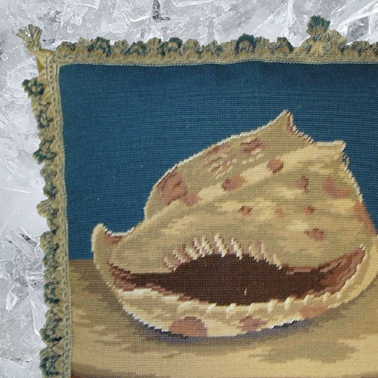 Handmade Wool Needlepoint Pillow Cover - Decorative Throw Cushion Cover - Vintage Floral Embroidery Design sea sprialshell with 2 color tassel