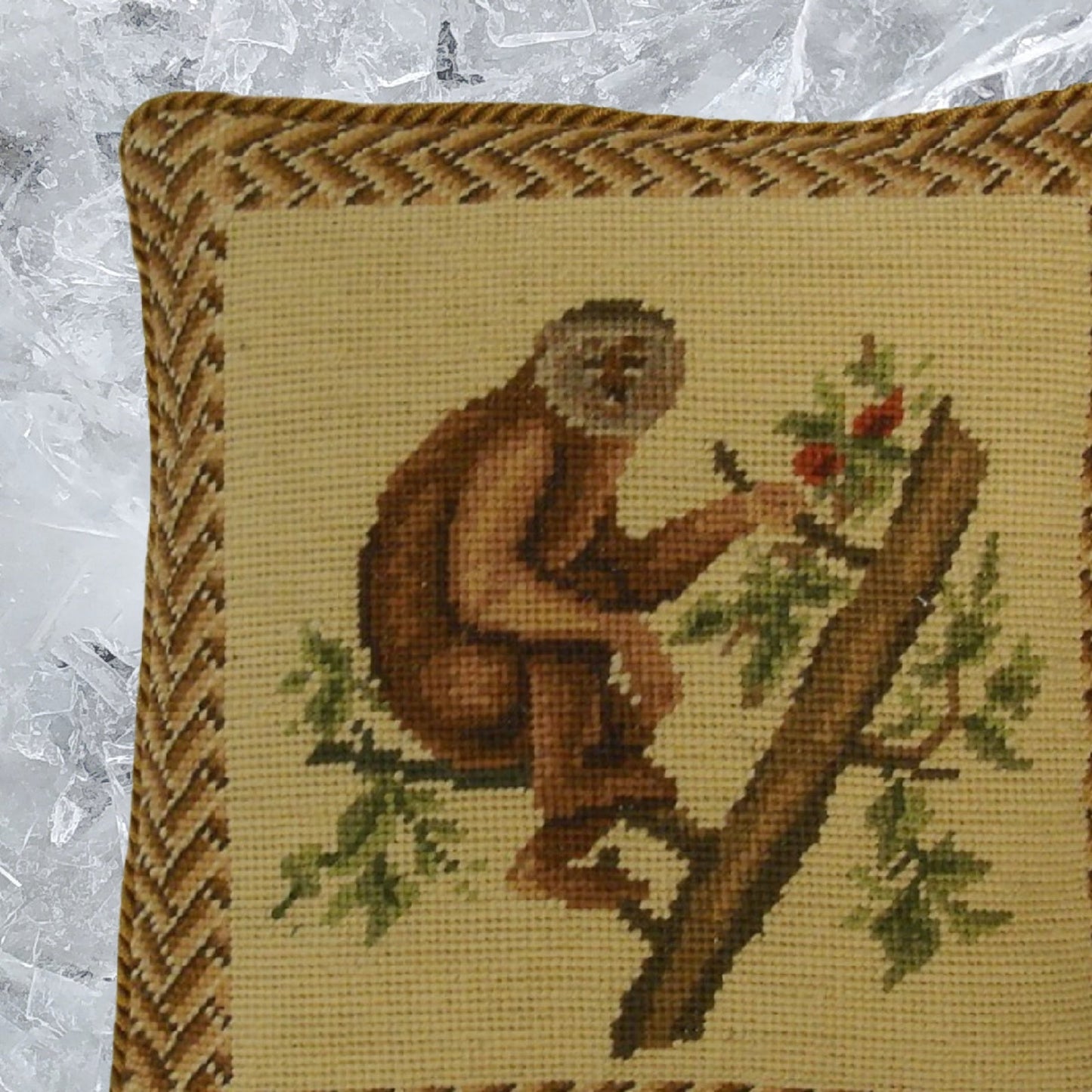 Handmade Wool Needlepoint Pillow Cover - Decorative Throw Cushion Cover - Vintage Floral Embroidery Design monkey holding the branch