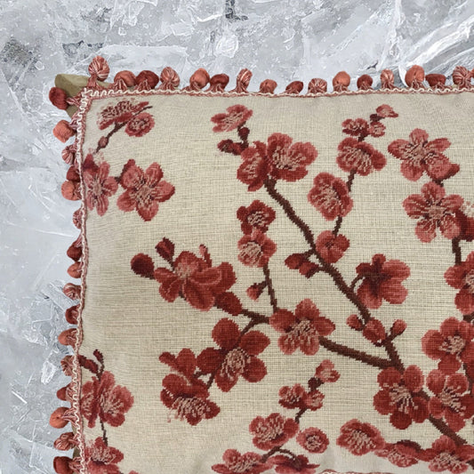 Handmade Wool Needlepoint Pillow Cover - Decorative Throw Cushion Cover - Vintage Floral Embroidery Design  red blooming plums with tassels