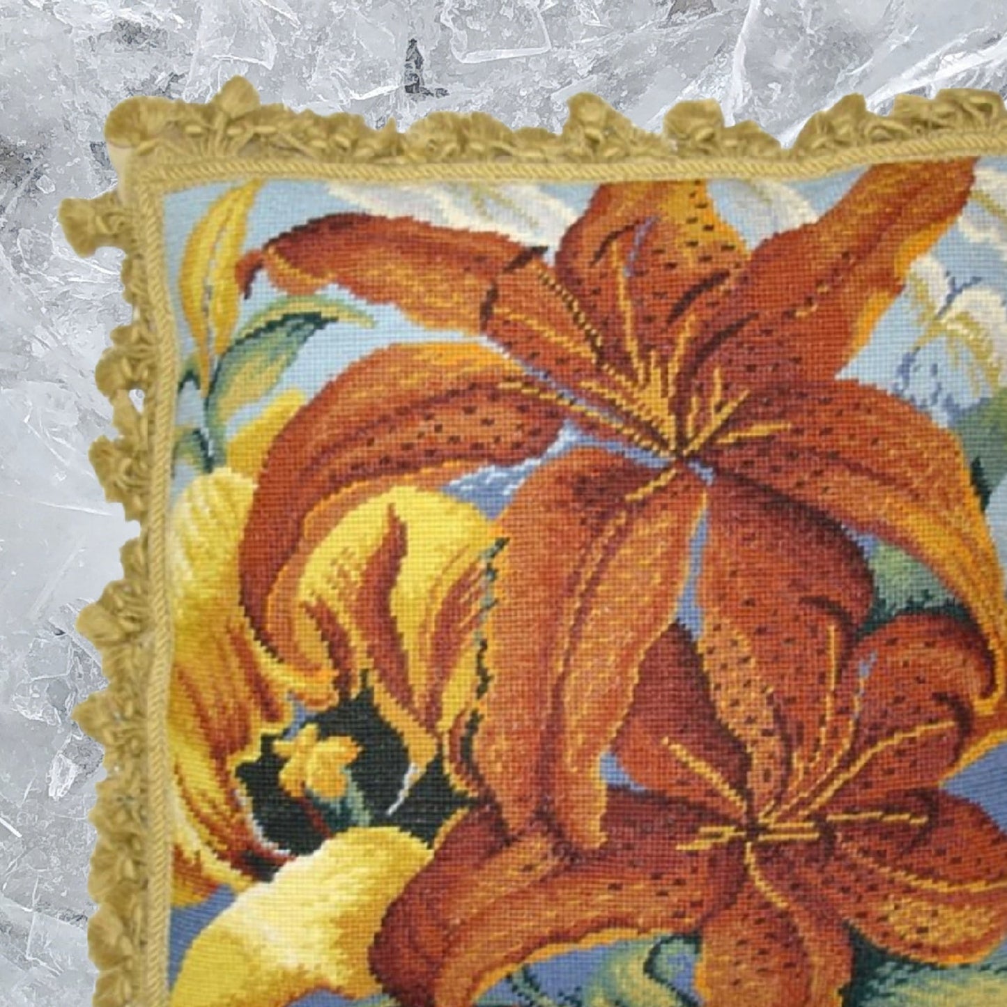 Handmade Wool Needlepoint Pillow Cover - Decorative Throw Cushion Cover - Vintage Floral Embroidery Design All tiger lilly with gold tassels