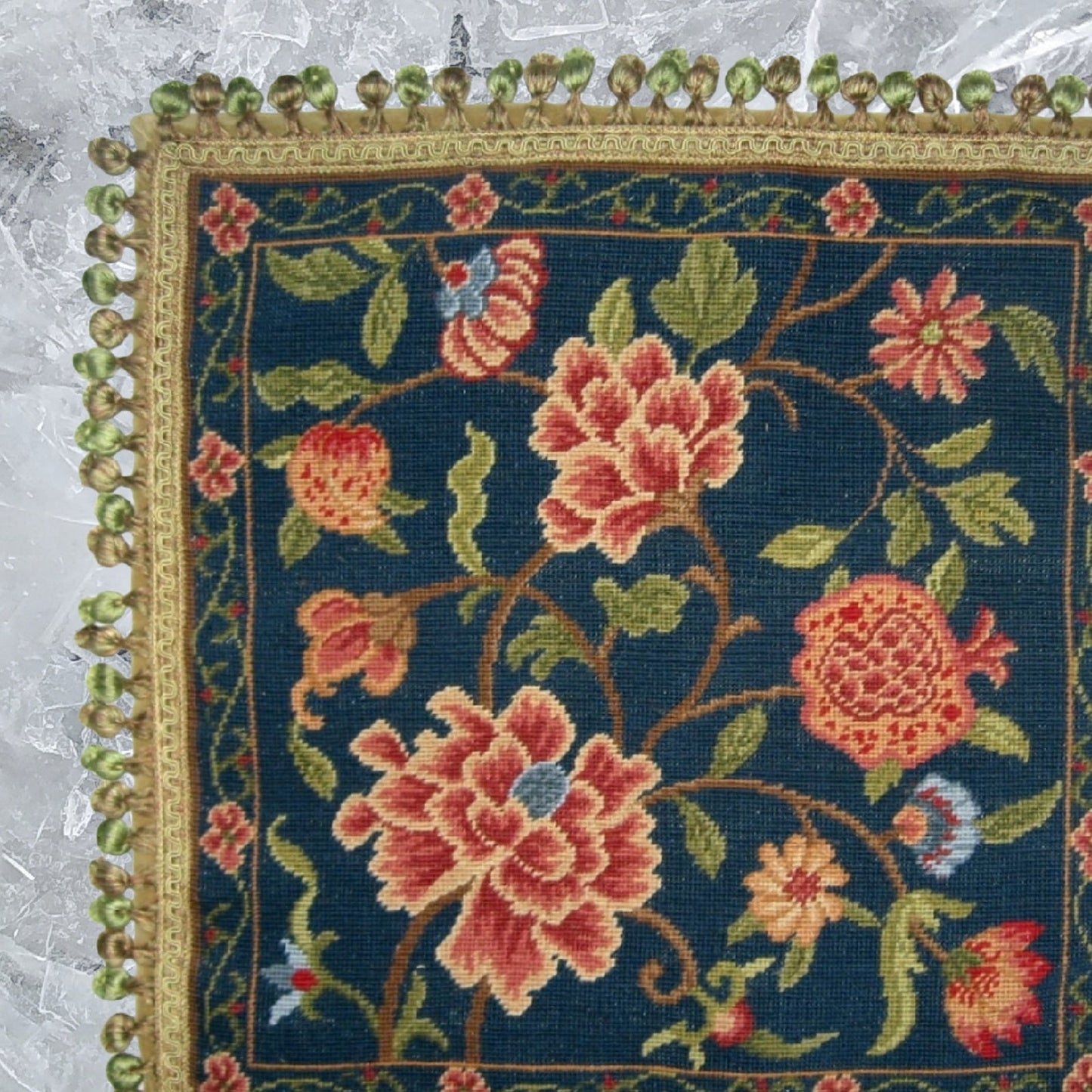 Handmade Wool Needlepoint Pillow Cover - Decorative Throw Cushion Cover - Vintage Floral Embroidery Design navy blue back blooming peonies with tassels