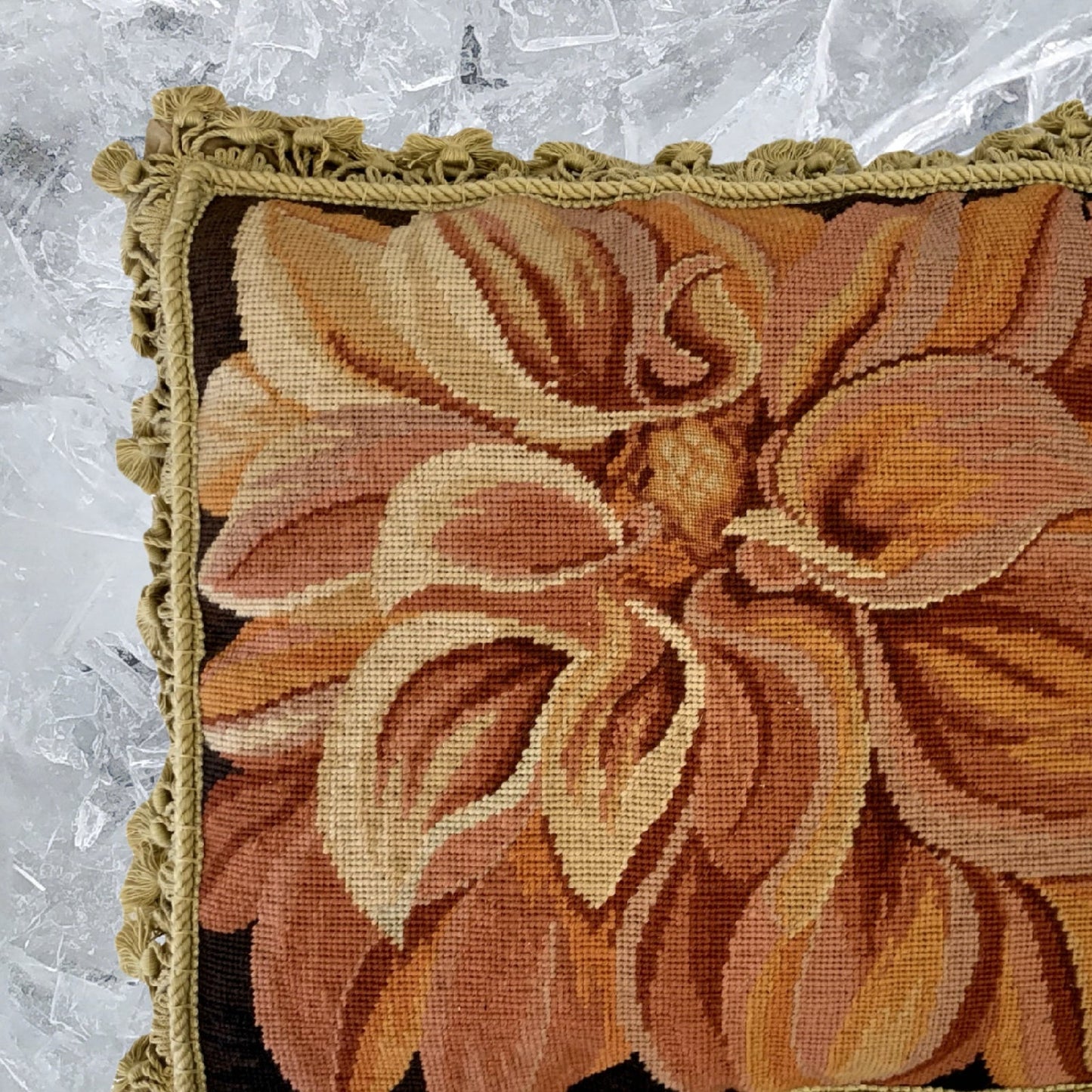 Handmade Wool Needlepoint Pillow Cover - Decorative Throw Cushion Cover - Vintage Floral Embroidery Design on orange chrysanthemum with tassels