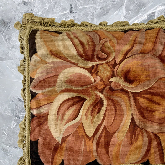 Handmade Wool Needlepoint Pillow Cover - Decorative Throw Cushion Cover - Vintage Floral Embroidery Design on orange chrysanthemum with tassels