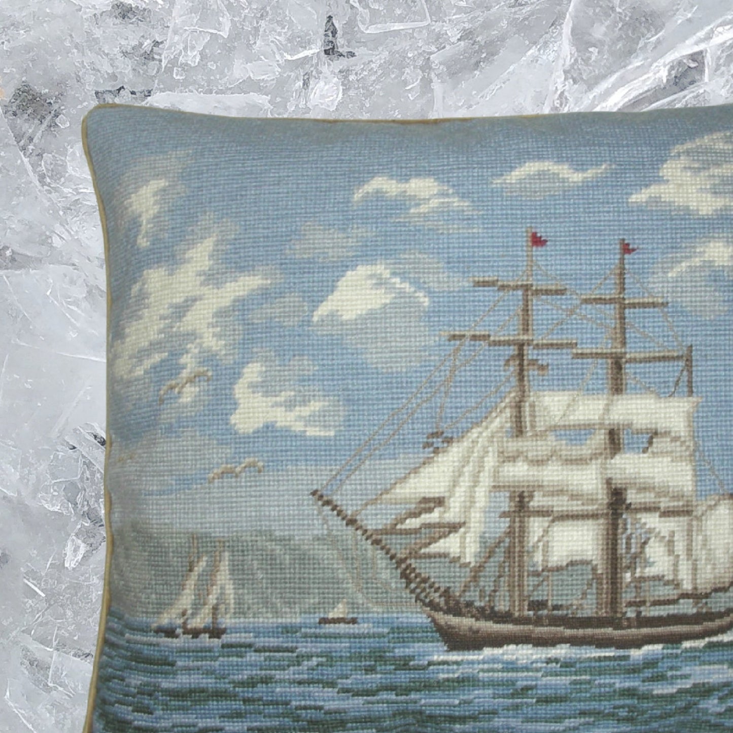 Handmade Wool Needlepoint Pillow Cover - Decorative Throw Cushion Cover - Vintage Floral Embroidery Design sail boat