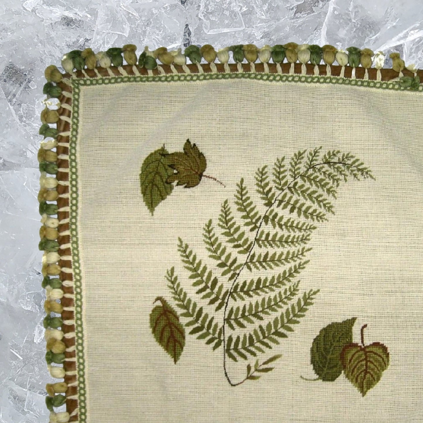 Handmade Wool Needlepoint Pillow Cover - Decorative Throw Cushion Cover - Vintage Floral Embroidery Design fern, leaves with tassels