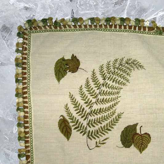 Handmade Wool Needlepoint Pillow Cover - Decorative Throw Cushion Cover - Vintage Floral Embroidery Design fern, leaves with tassels