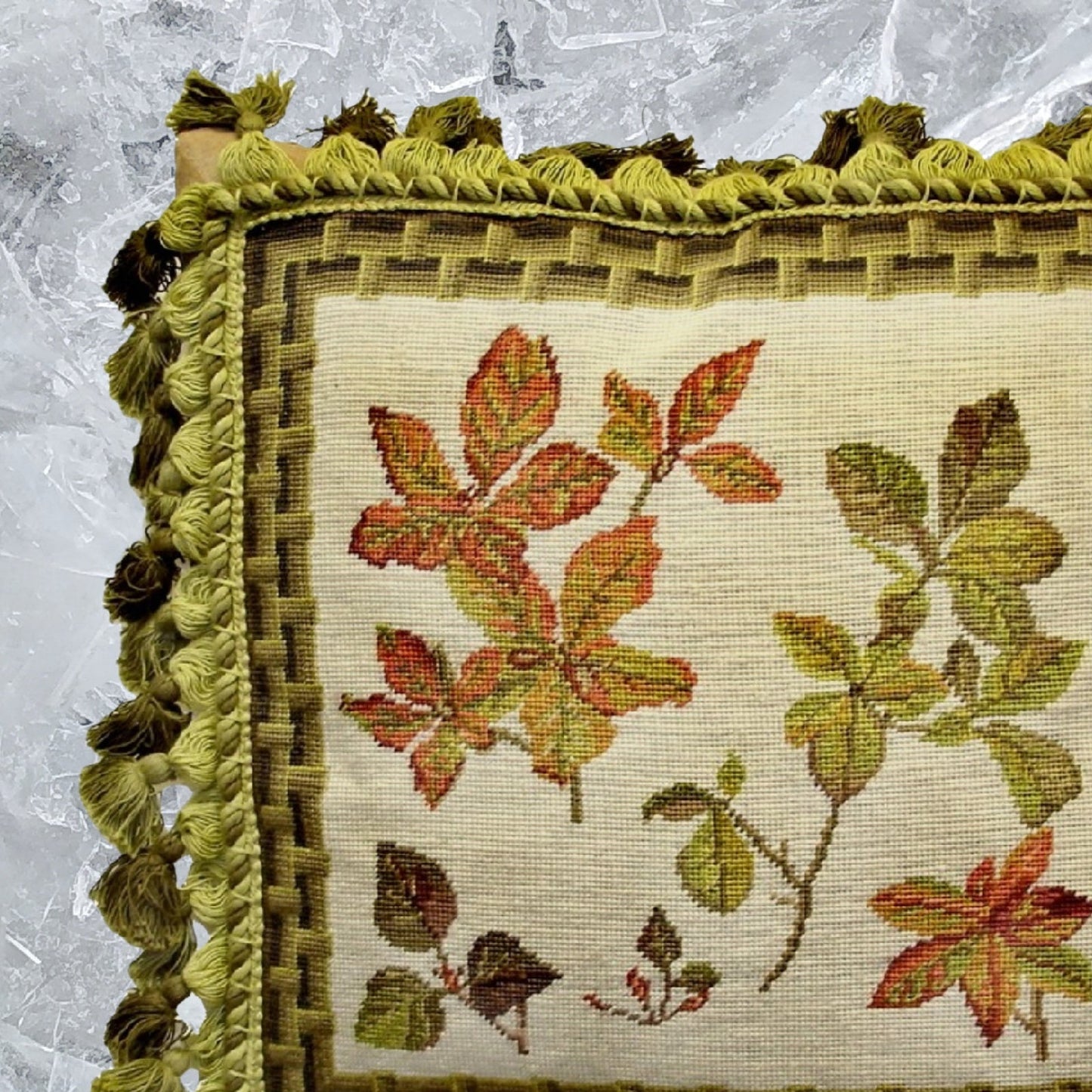 Handmade Wool Needlepoint Pillow Cover - Decorative Throw Cushion Cover - Vintage Floral Embroidery Design  leaves bamboo frame with 3 color tassel