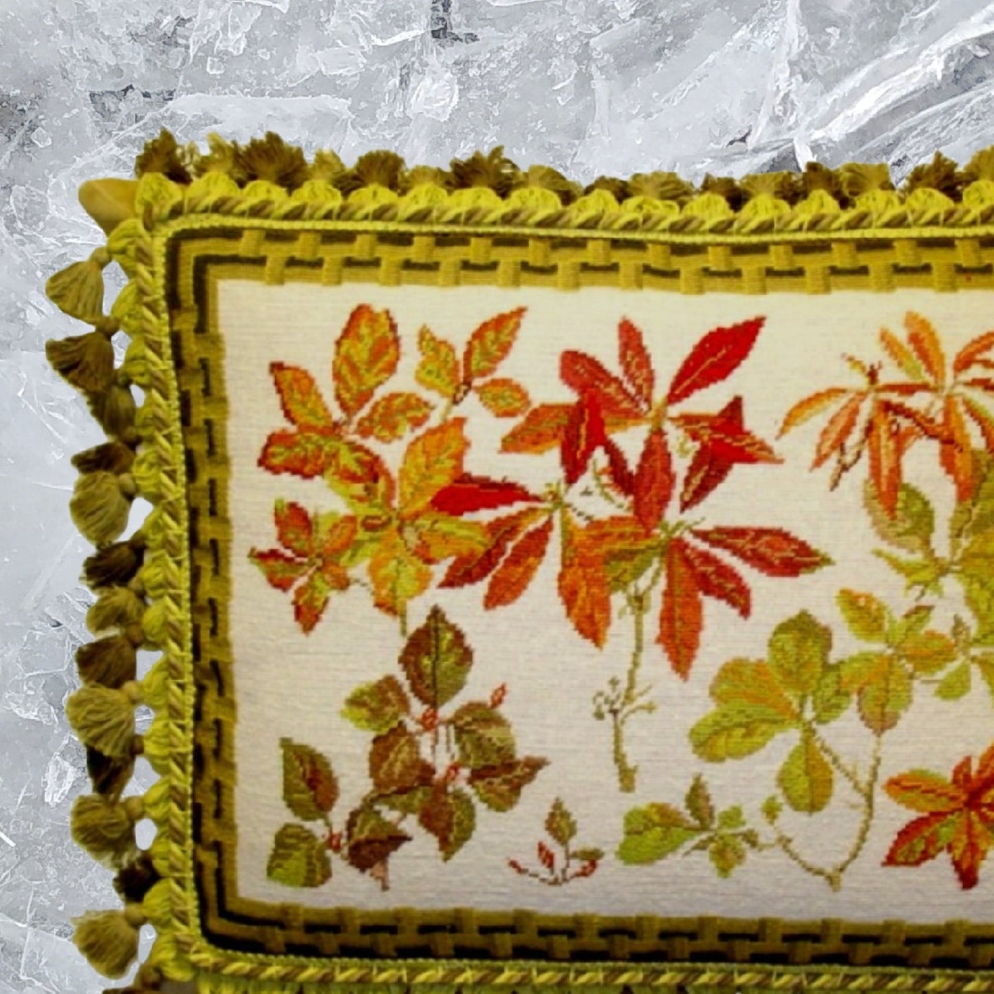 Handmade Wool Needlepoint Pillow Cover - Decorative Throw Cushion Cover - Vintage Floral Embroidery Design  leaves with brown bamboo frame 3 color tassels