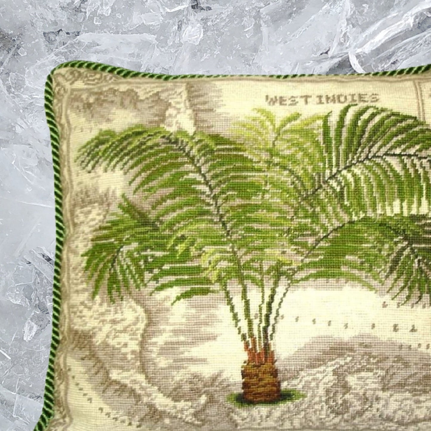 Handmade Wool Needlepoint Pillow Cover - Decorative Throw Cushion Cover - Vintage Floral Embroidery Design West Indies