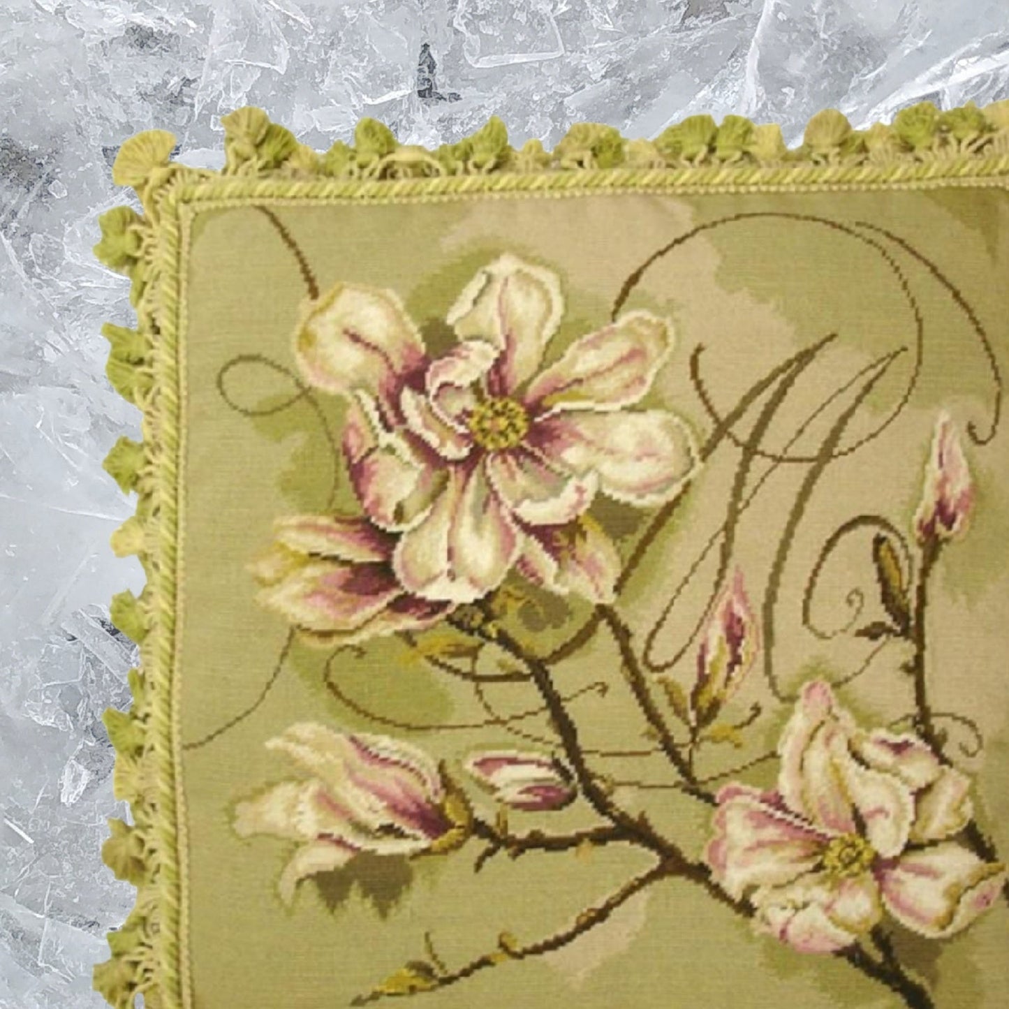 Handmade Wool Needlepoint Pillow Cover - Decorative Throw Cushion Cover - Vintage Floral Embroidery Design  Kathryn White designMagnolia Trumeau with tassel