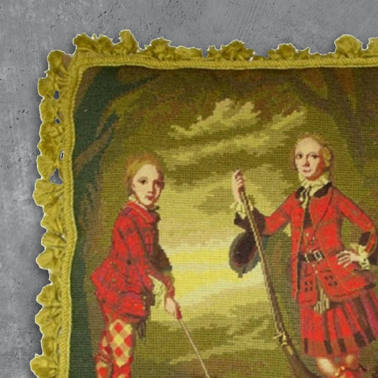 Handmade Wool Needlepoint Pillow Cover - Decorative Throw Cushion Cover - Vintage Floral Embroidery Design Irish Golfers background with tassels