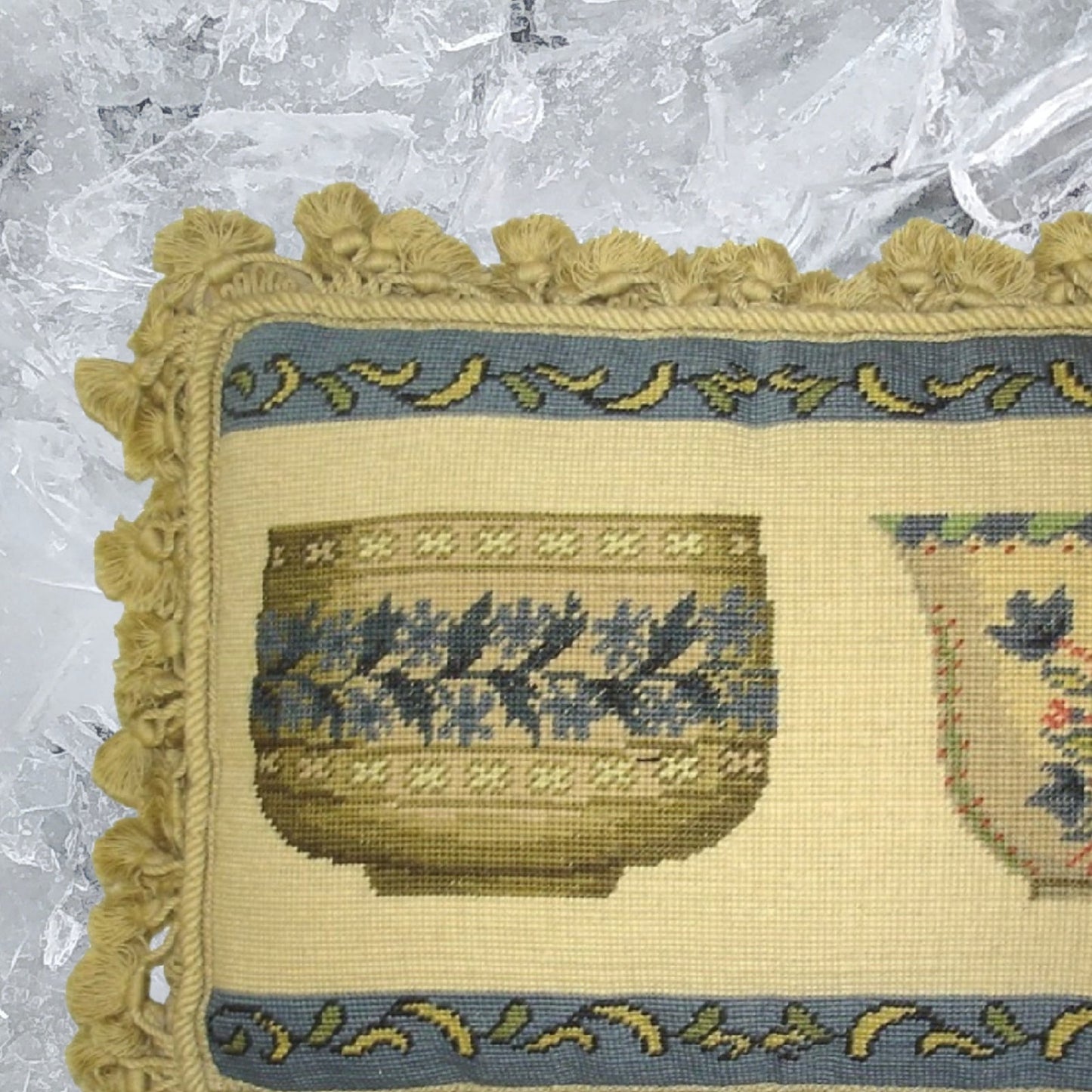 Handmade Wool Needlepoint Pillow Cover - Decorative Throw Cushion Cover - Vintage Floral Embroidery Design  French antique bowl set with tassels