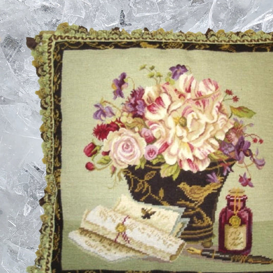 Handmade Wool Needlepoint Pillow Cover - Decorative Throw Cushion Cover - Vintage Floral Embroidery Design  Kathryn White Design g