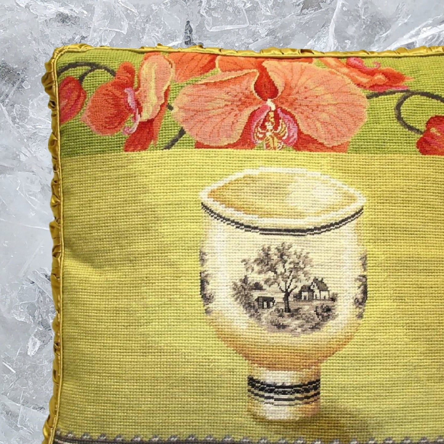 Handmade Wool Needlepoint Pillow Cover - Decorative Throw Cushion Cover - Vintage Floral Embroidery Design  Kathryn White Design L